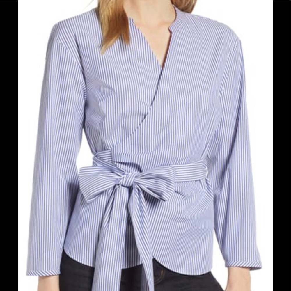 Lot of 2 LS Stretch Cotton Poplin Wrap Top White & blue/white striped Med Tall